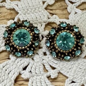 Vintage teal‎ blue Rhinestone round Metal 2" clip-on earrings 1950s Unsigned
